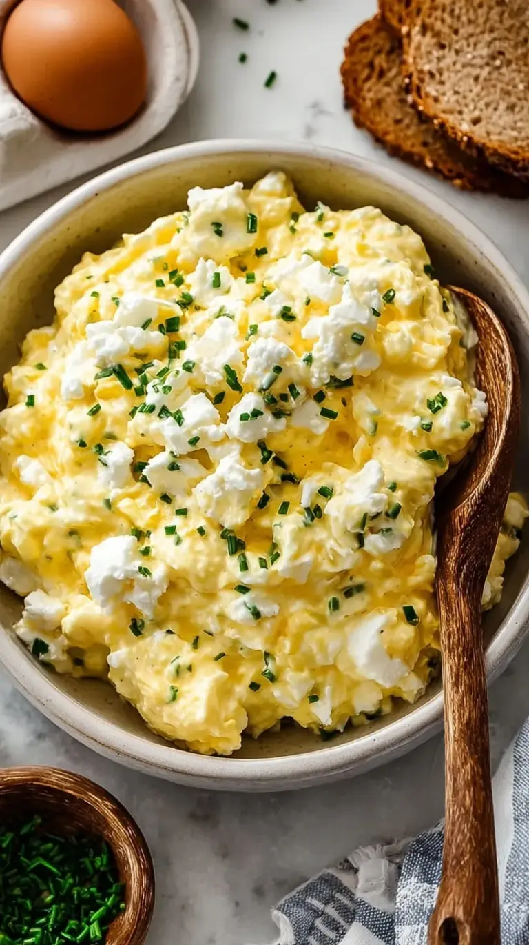 A bowl of creamy cottage cheese egg salad topped with fresh chives and smoked paprika