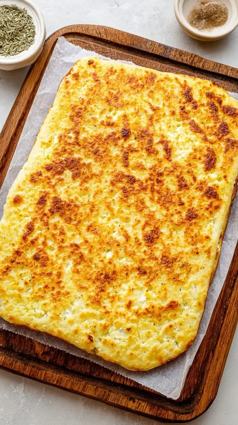 A golden brown cottage cheese flatbread rectangle on white parchment paper