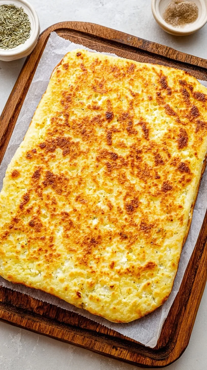 A golden brown cottage cheese flatbread rectangle on white parchment paper