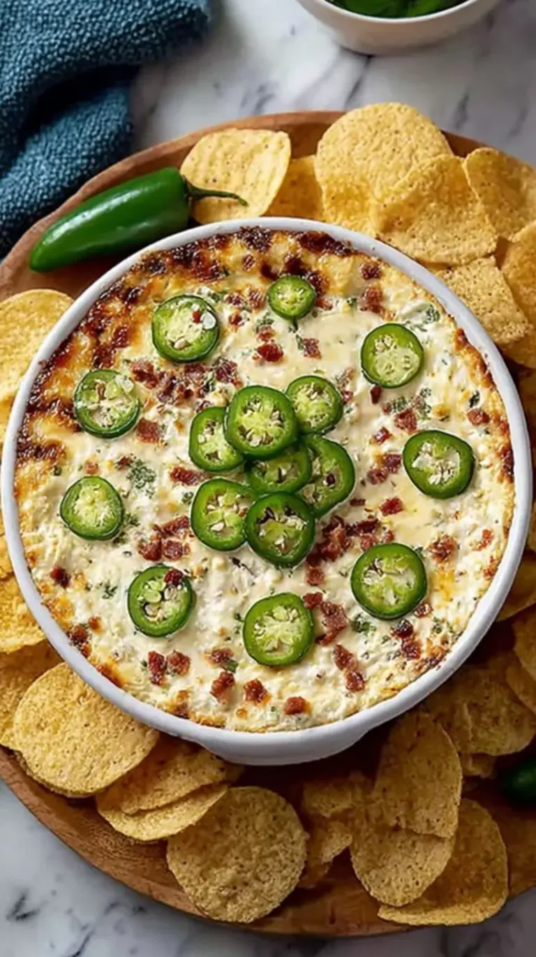 A golden brown baked jalapeño popper dip in a ceramic dish topped with crispy breadcrumbs and fresh jalapeño slices.
