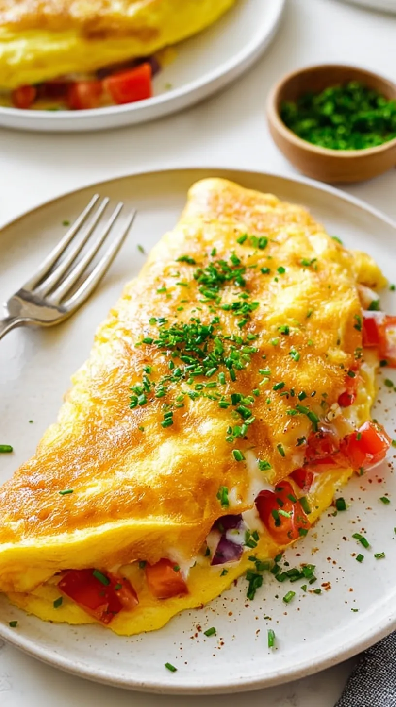 A fluffy egg omelette folded over creamy cottage cheese and topped with fresh green chives on a white plate.