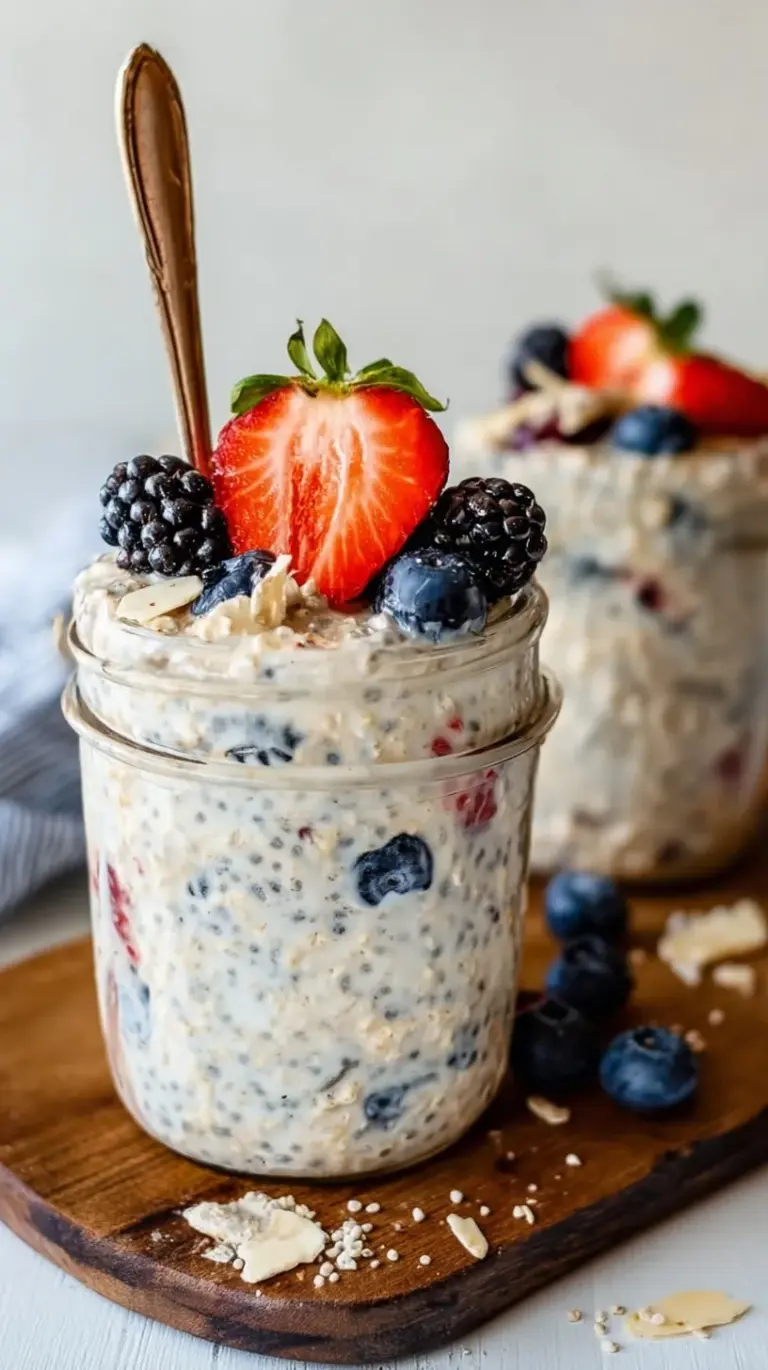 A glass jar filled with creamy cottage cheese overnight oats topped with fresh berries