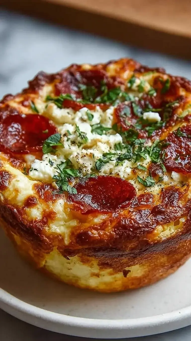 A warm cottage cheese pizza bowl topped with melted mozzarella and turkey pepperoni in a white ceramic dish.