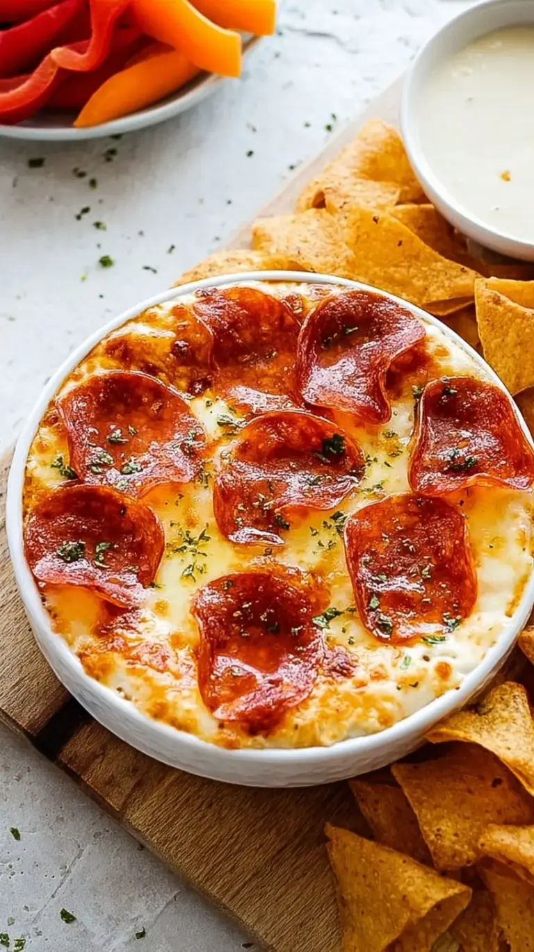 A creamy and cheesy cottage cheese pizza bowl topped with mini pepperoni and melted mozzarella.