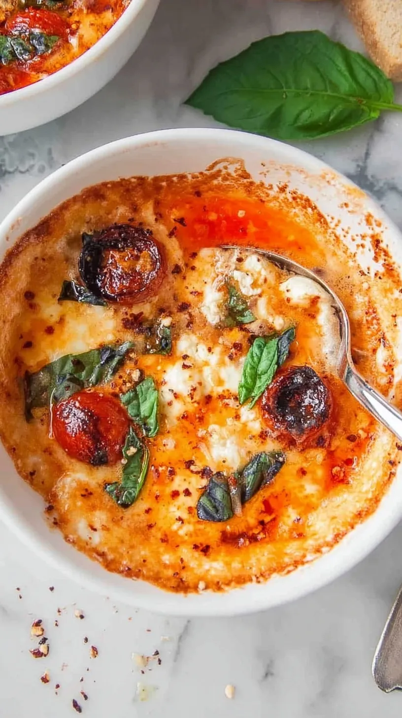 A creamy cottage cheese pizza bowl topped with melted mozzarella and pepperoni