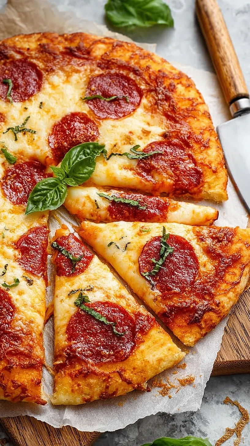 A golden brown cottage cheese pizza crust on parchment paper topped with fresh herbs