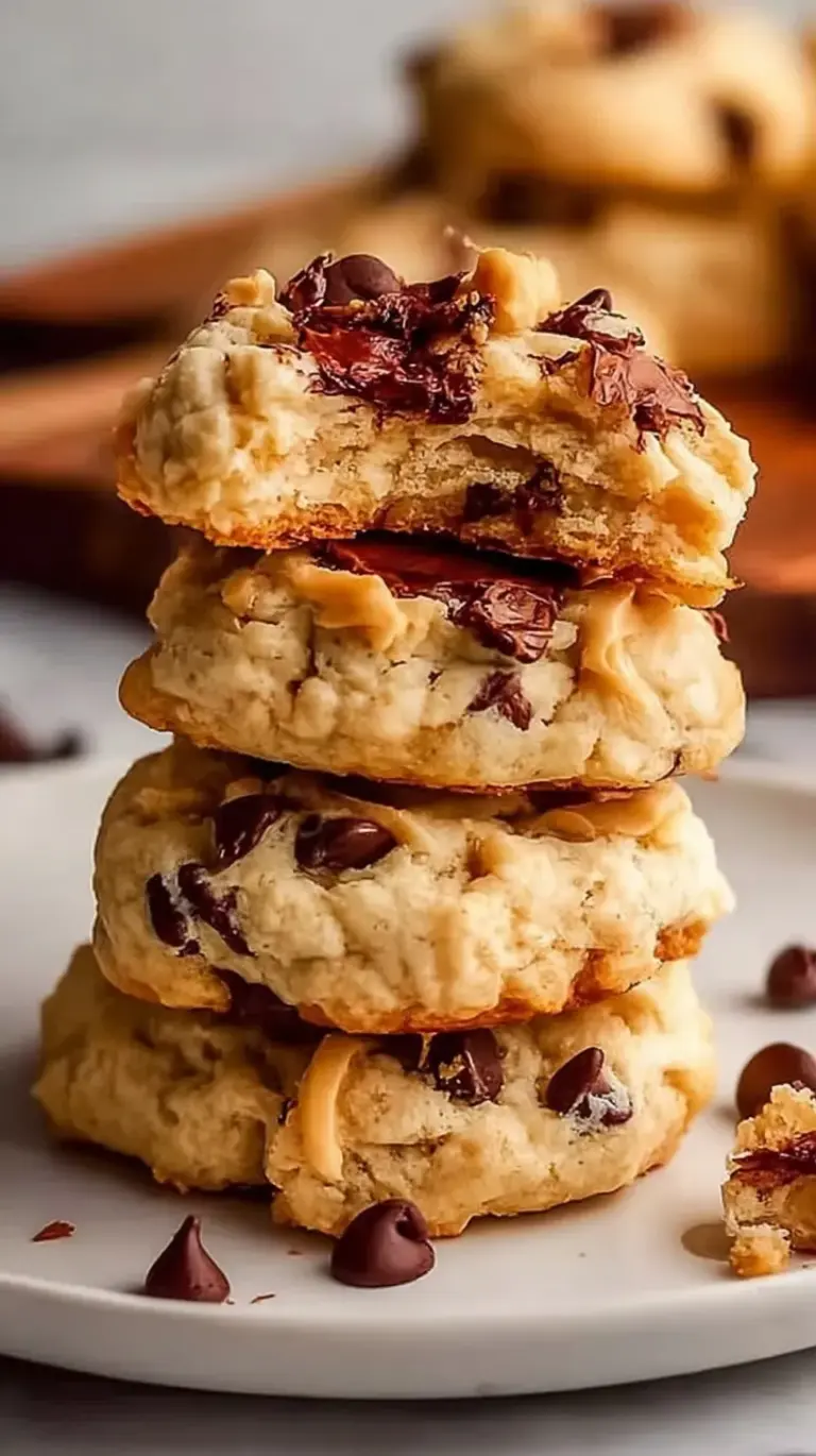 A tray of golden brown cottage cheese protein cookies with melted chocolate chips on a marble counter.