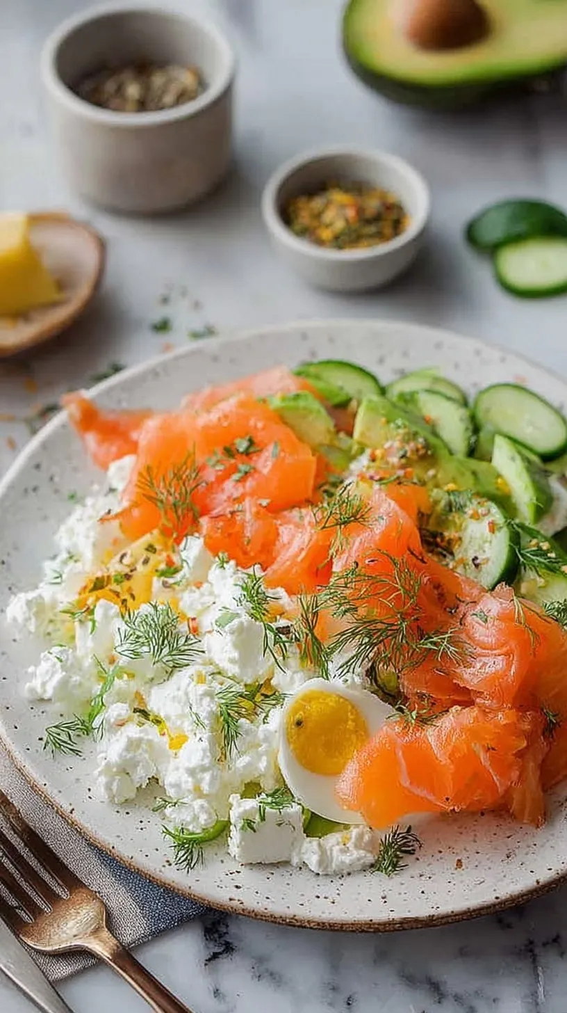 A chilled bowl of creamy cottage cheese salad with pink smoked salmon ribbons and green avocado cubes.