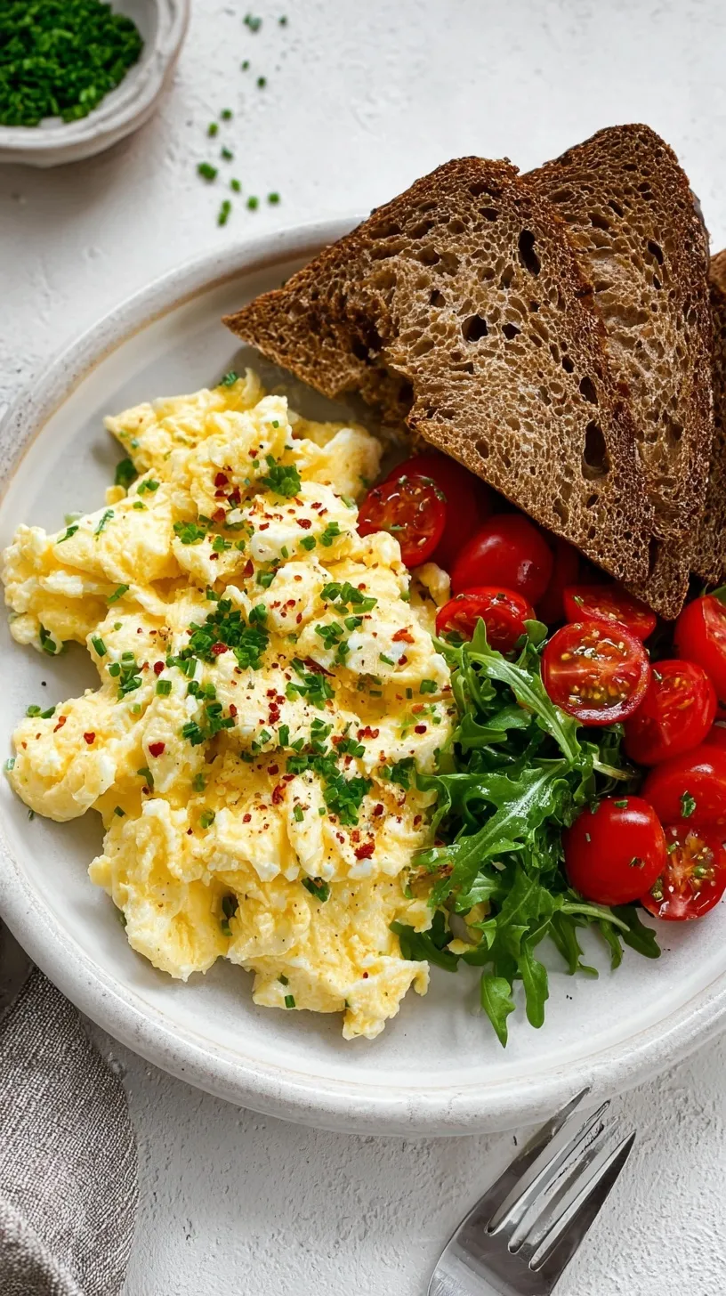 A plate of fluffy scrambled eggs with visible cottage cheese curds and fresh chives on top.