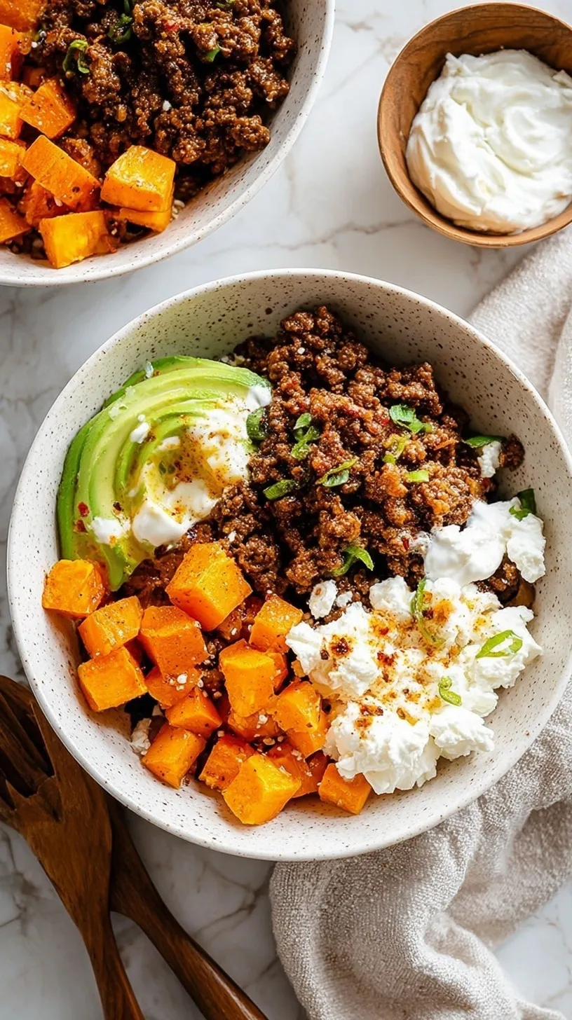 A vibrant meal prep bowl with roasted sweet potatoes, taco beef, creamy cottage cheese, and avocado.