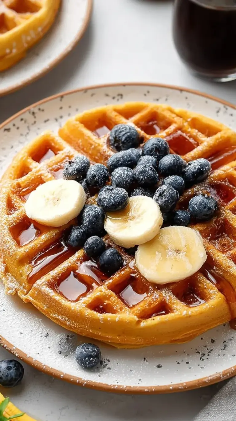 Golden brown high protein cottage cheese waffles stacked on a white plate with fresh berries