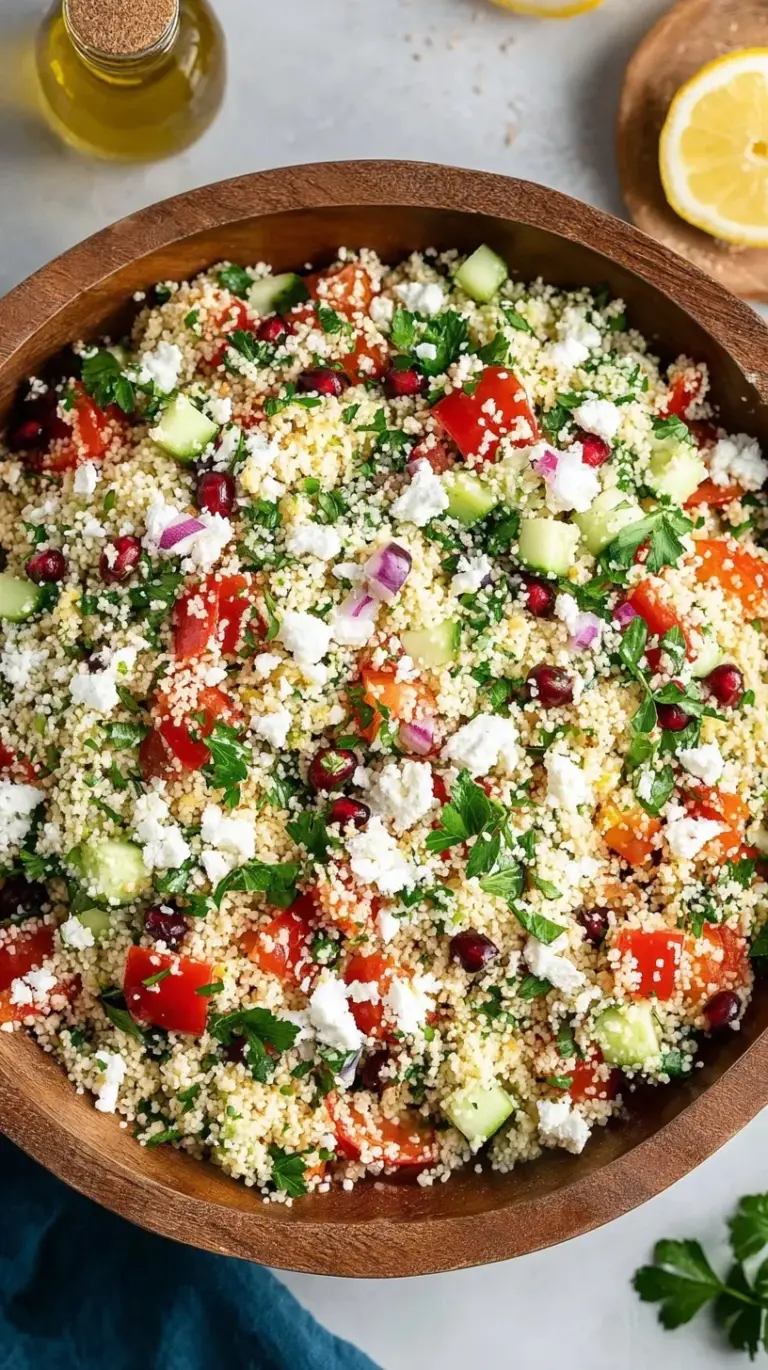 A vibrant bowl of refreshing couscous salad with cherry tomatoes, cucumber, and fresh herbs.