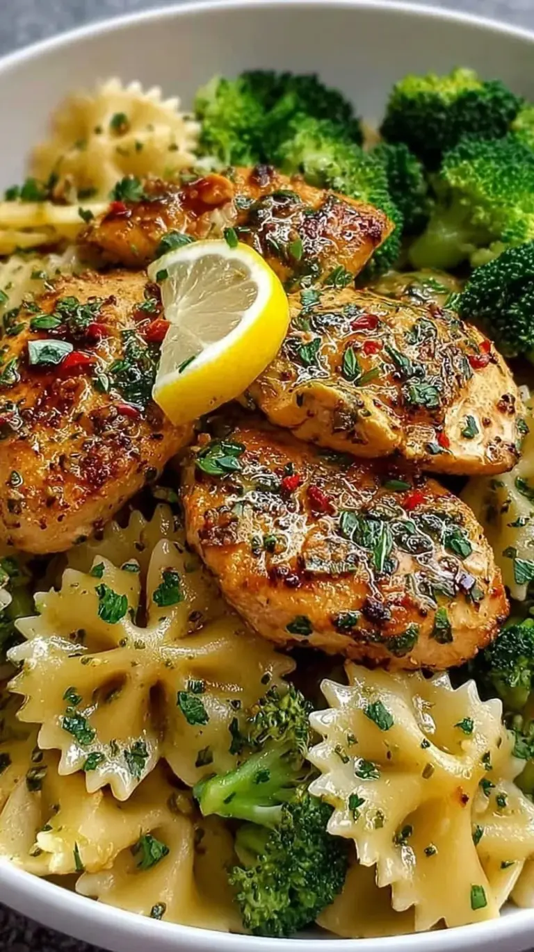 A bowl of bowtie pasta with seared chicken and broccoli in a golden herb butter sauce.