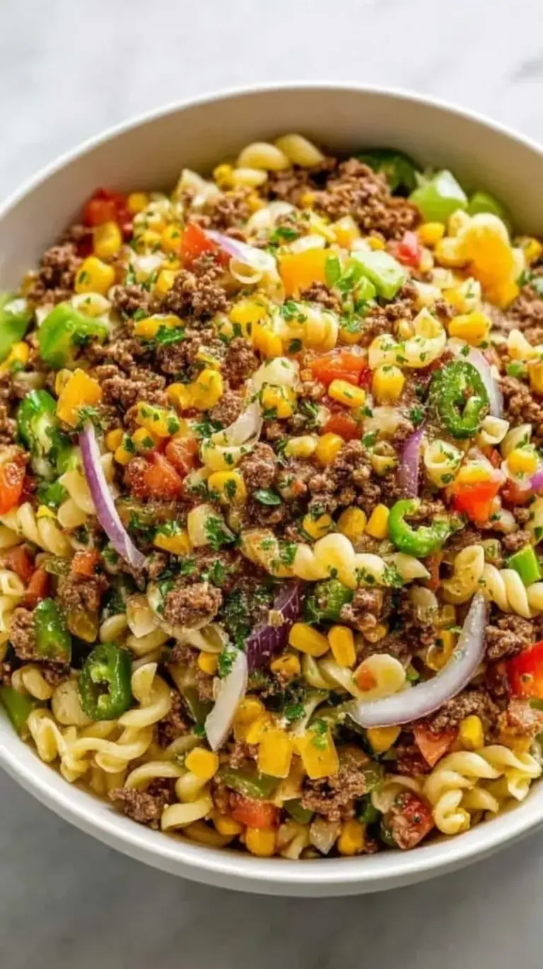 A large bowl of Cowboy Pasta Salad with rotini, corn, black beans, and cheddar cheese.