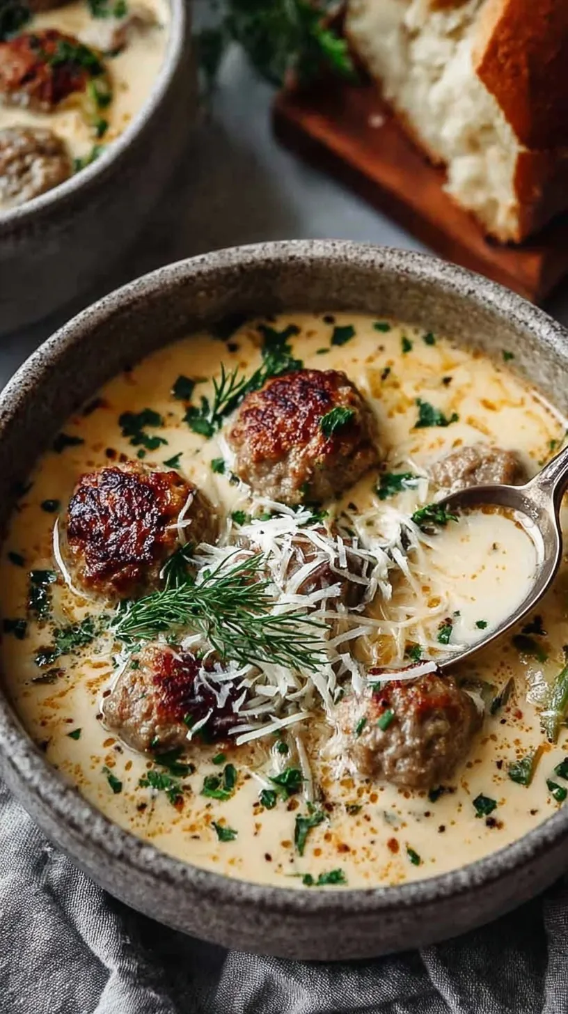 A white bowl filled with creamy Swedish meatball soup, featuring mini meatballs, egg noodles, and fresh parsley garnish.