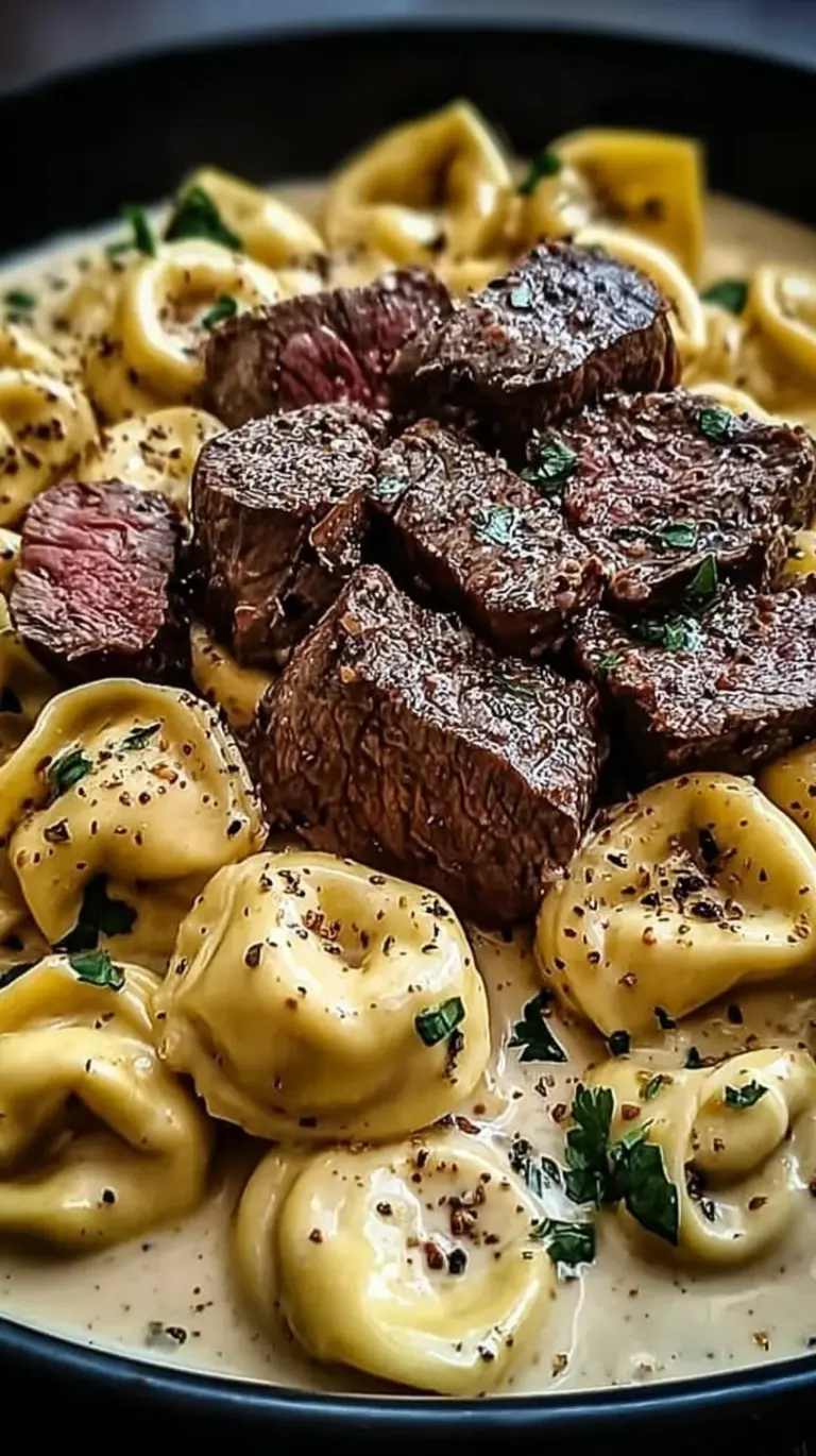 Seared steak cubes and cheese tortellini in a creamy garlic parmesan sauce topped with fresh parsley
