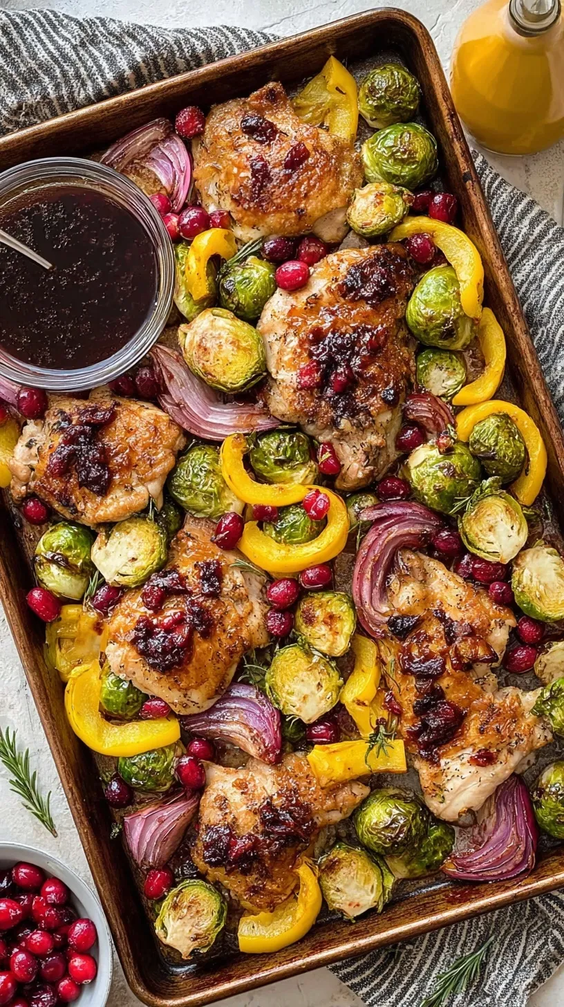 Roasted cranberry balsamic chicken with Brussels sprouts and carrots on a sheet pan