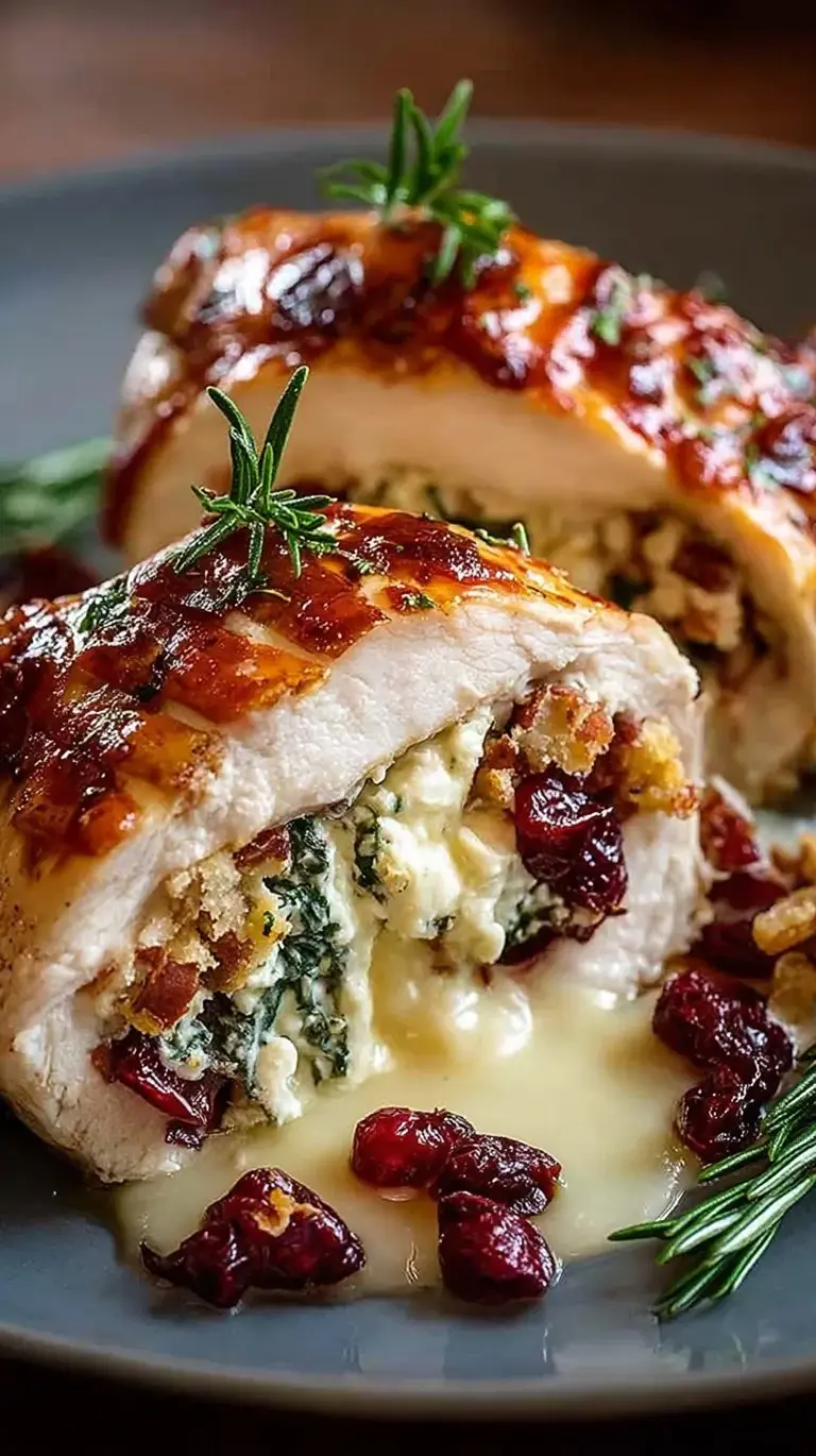 Golden pan-seared chicken breast stuffed with melted brie and red cranberry sauce