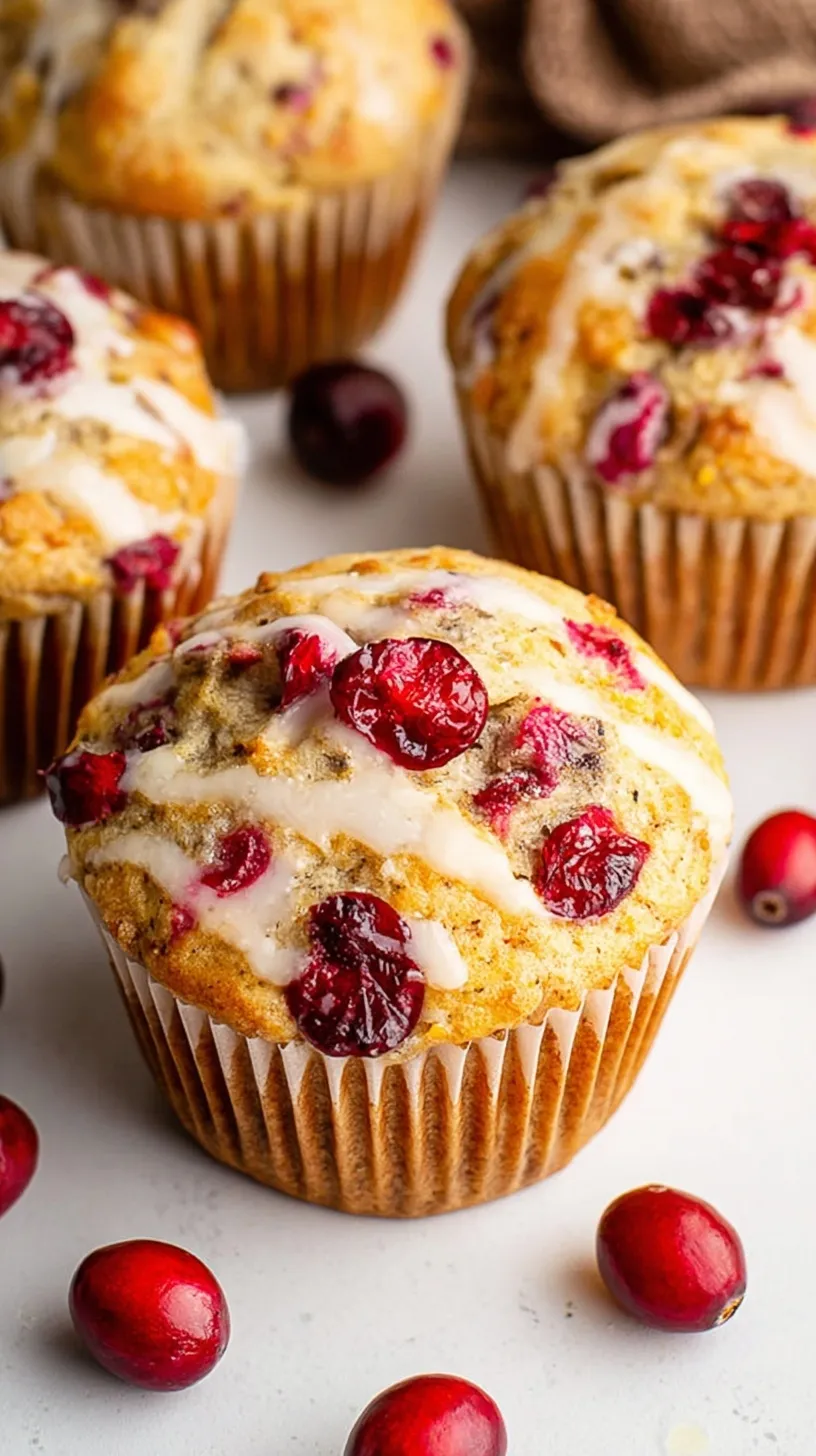 Freshly baked cranberry orange muffins with golden tops and bright red berries in a muffin tin.