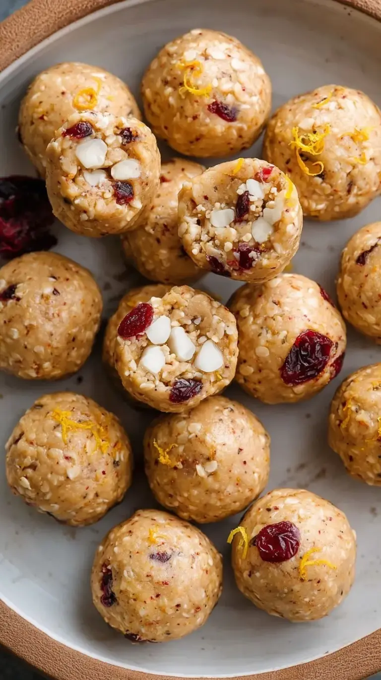 A plate of round cranberry orange protein balls with fresh orange zest on top.