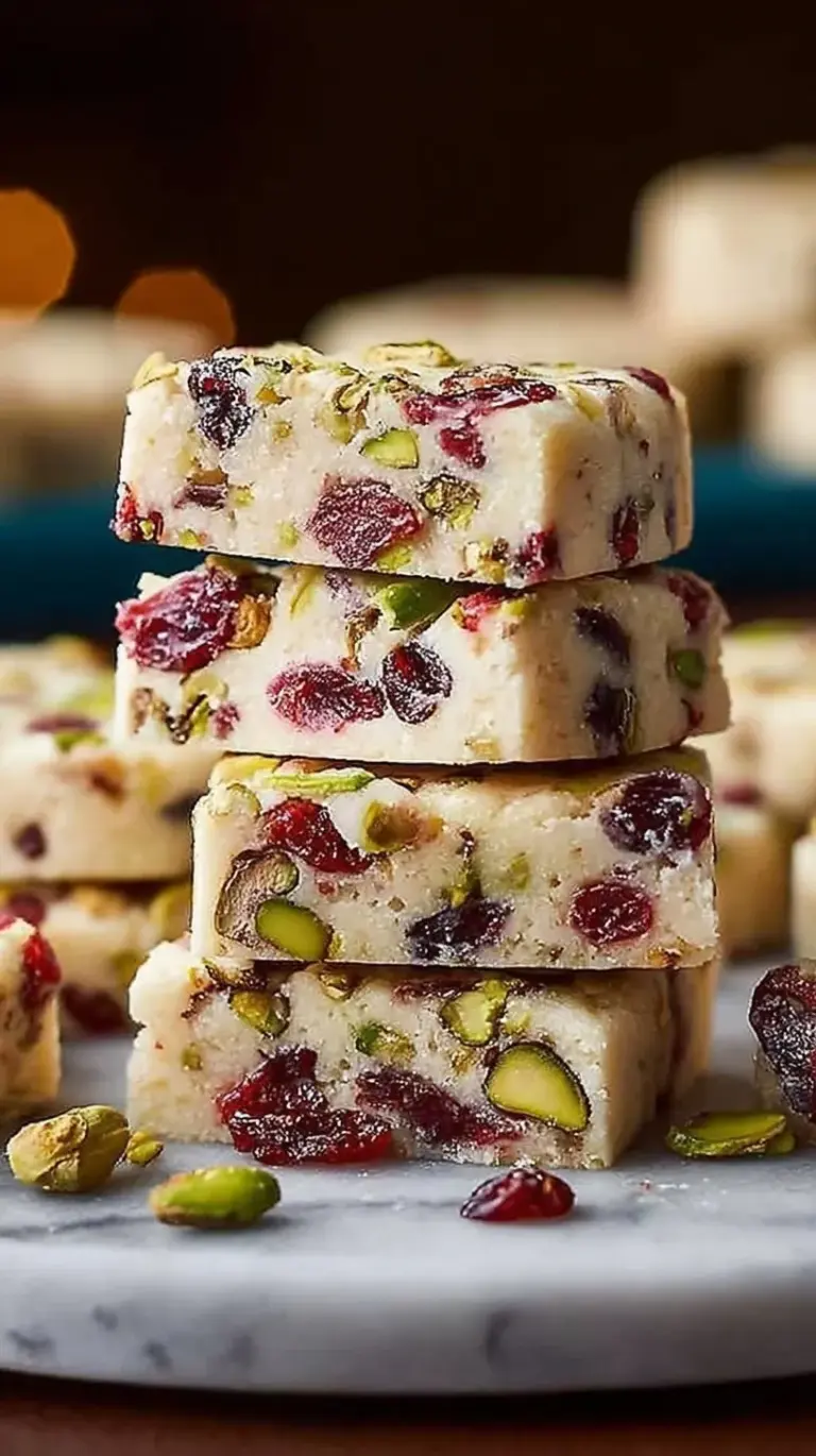 A stack of buttery shortbread cookies with red cranberries and green pistachios on a white plate.