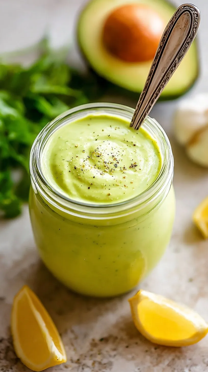 A glass jar filled with vibrant green creamy avocado dressing surrounded by fresh lime and cilantro.