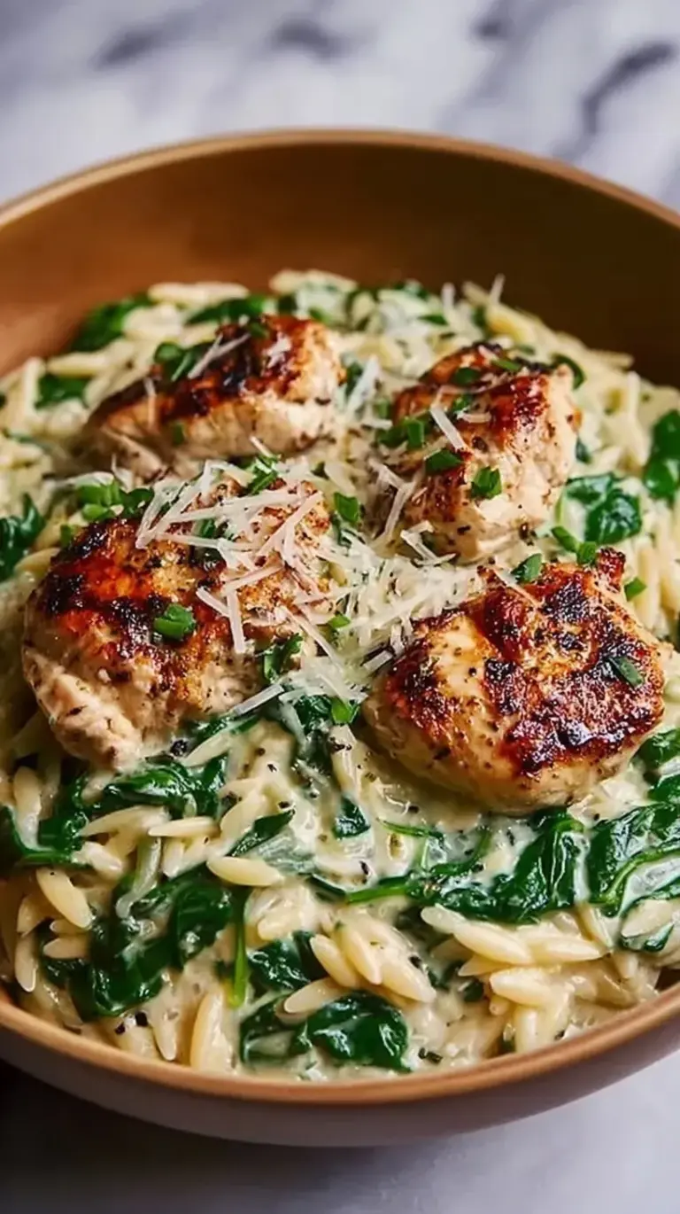 A skillet of creamy orzo with chicken pieces and wilted green spinach