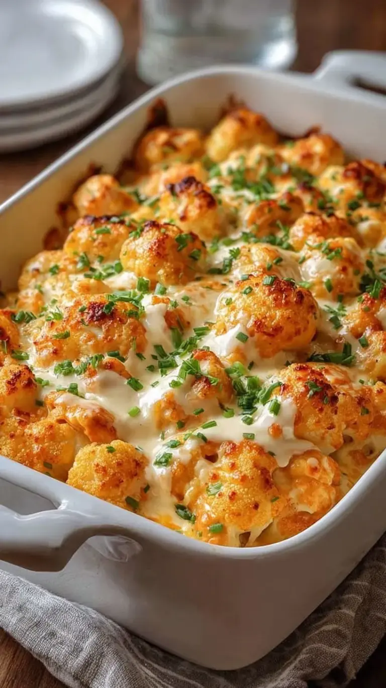 A bubbling buffalo chicken cauliflower casserole topped with melted cheddar and blue cheese in a white baking dish.