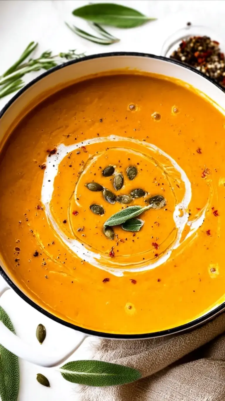 A bowl of velvety orange butternut squash soup garnished with fresh sage and a swirl of cream.