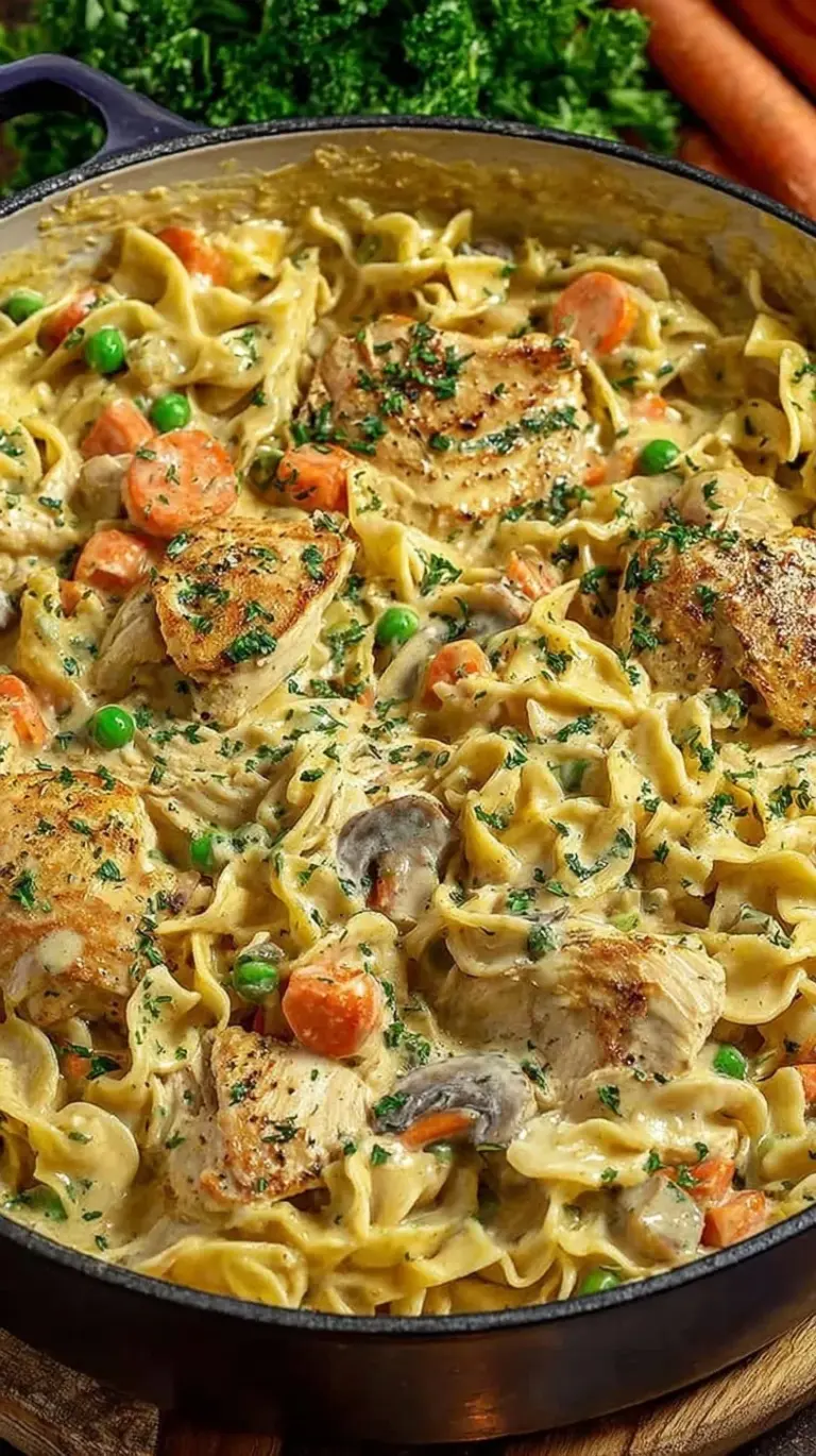 A creamy one-pot pasta dish with chicken, carrots, and peas in a white bowl