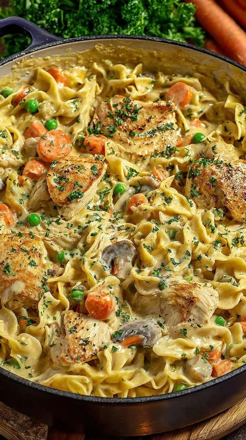 A creamy one-pot pasta dish with chicken, carrots, and peas in a white bowl