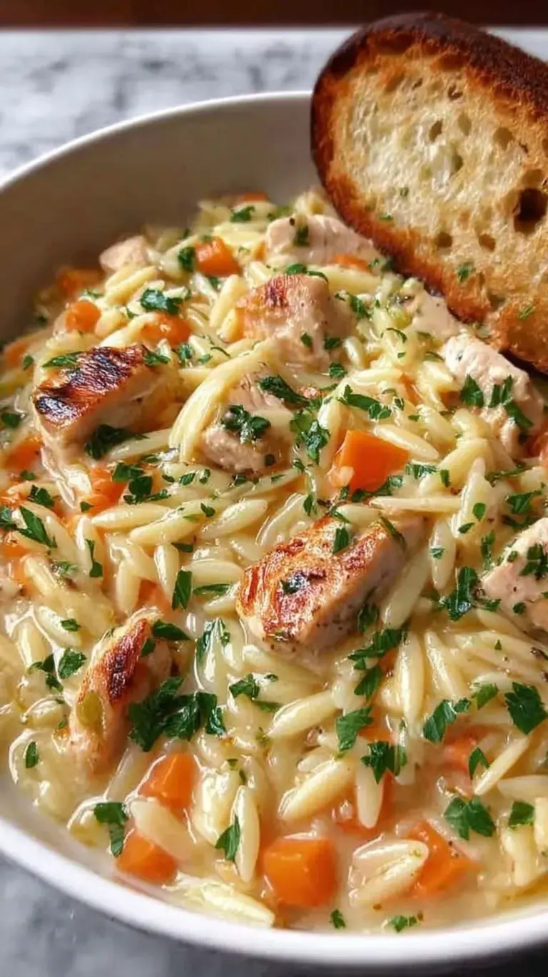 A white bowl filled with creamy chicken pot pie orzo, garnished with fresh parsley and showing tender carrots and peas.