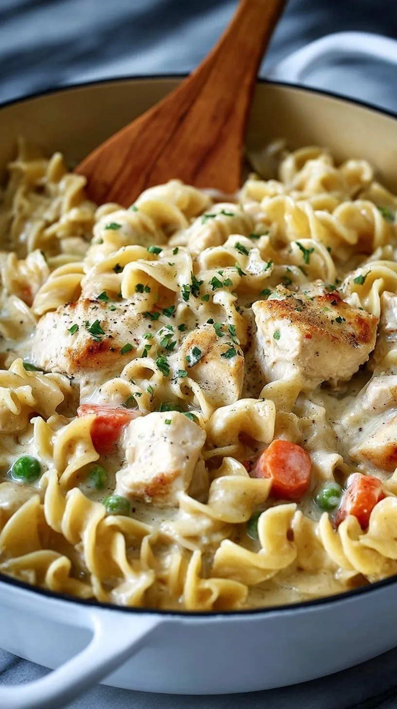A white bowl filled with creamy chicken pot pie pasta, garnished with fresh parsley and peas.