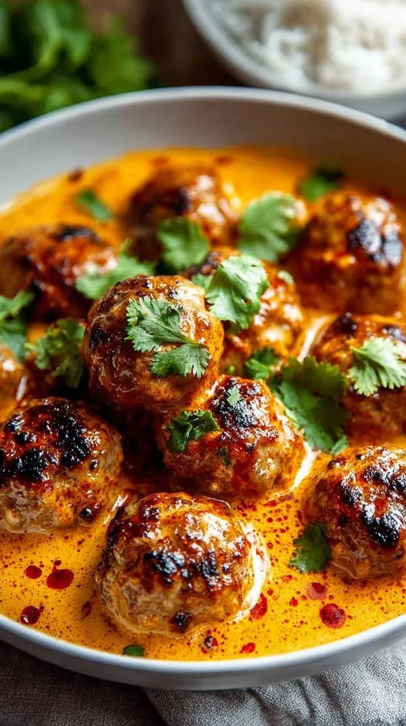 A skillet of golden curry meatballs in a creamy white sauce topped with fresh green cilantro