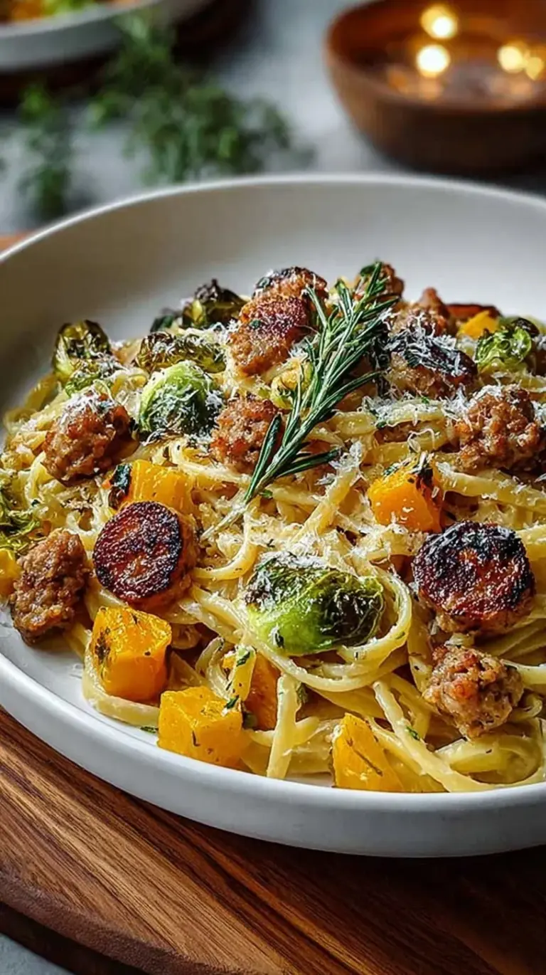 A bowl of creamy rigatoni pasta with browned sausage, cubes of butternut squash, and fresh sage.