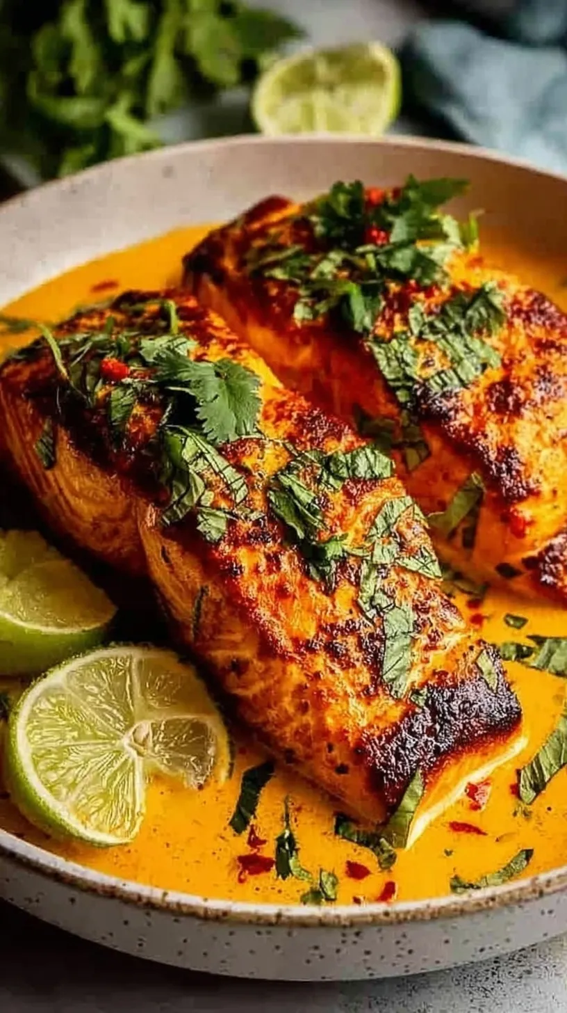 Pan-seared salmon fillets in a vibrant orange harissa cream sauce with green spinach.
