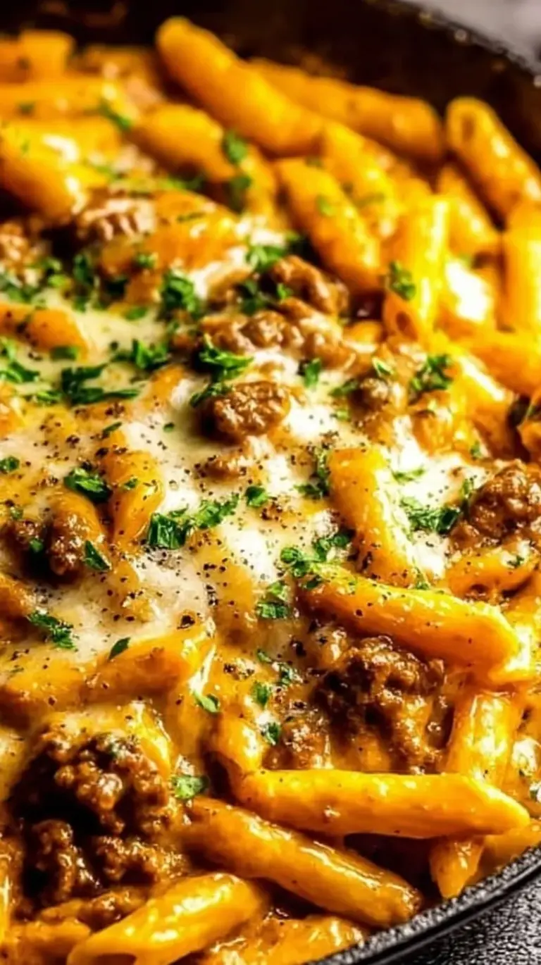 A bowl of creamy beef pasta topped with fresh parsley and black pepper