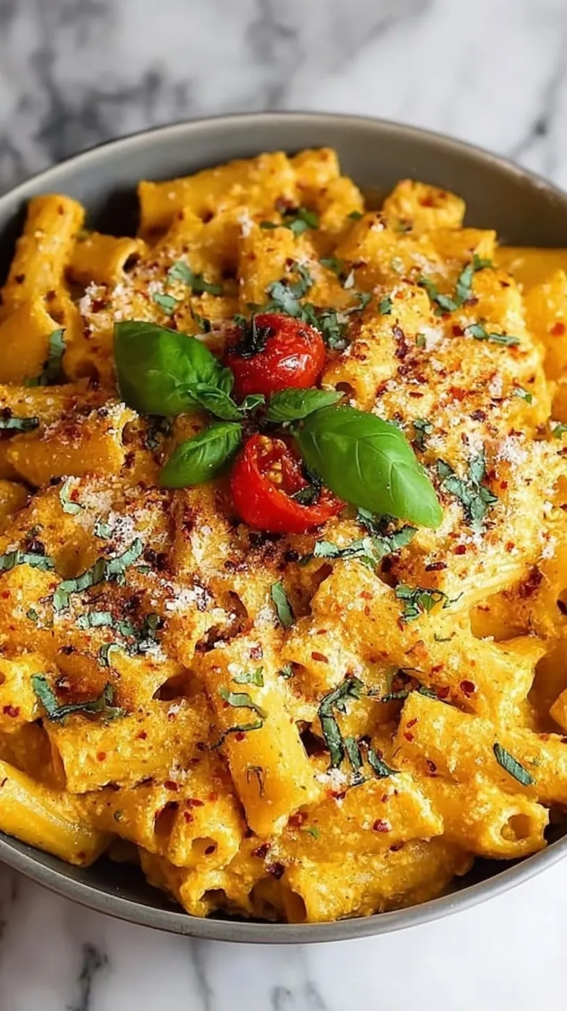 A bowl of creamy penne pasta garnished with black pepper and herbs