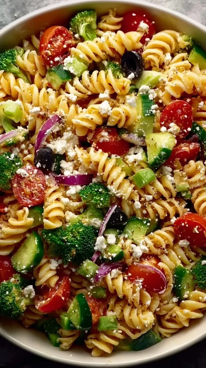 A bright bowl of creamy pasta salad with diced chicken, red peppers, and cucumbers on a clean white table.