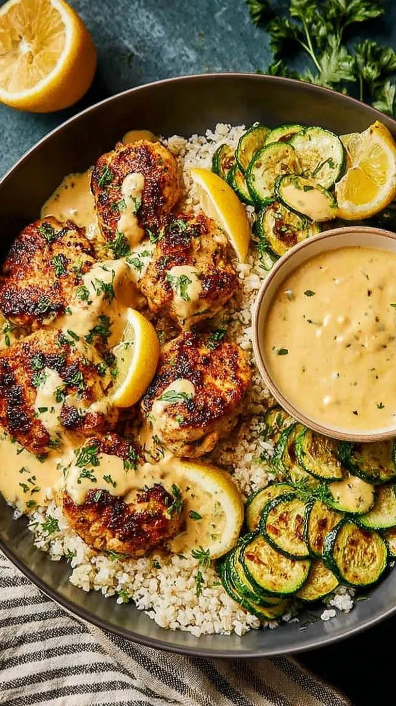 Pan-seared chicken breast in a creamy lemon sauce served with golden crispy zucchini rounds