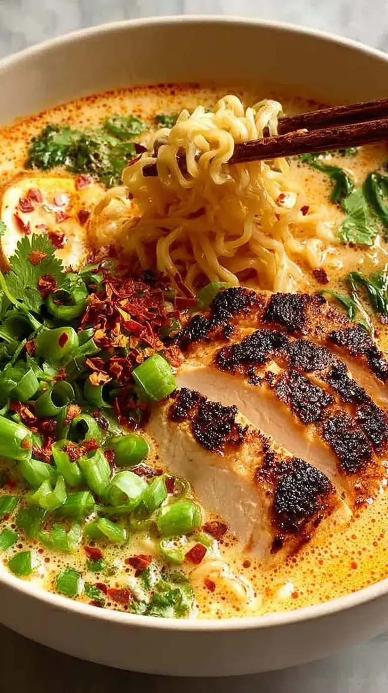 A bowl of creamy ramen topped with sliced golden chicken, sun-dried tomatoes, and fresh spinach.