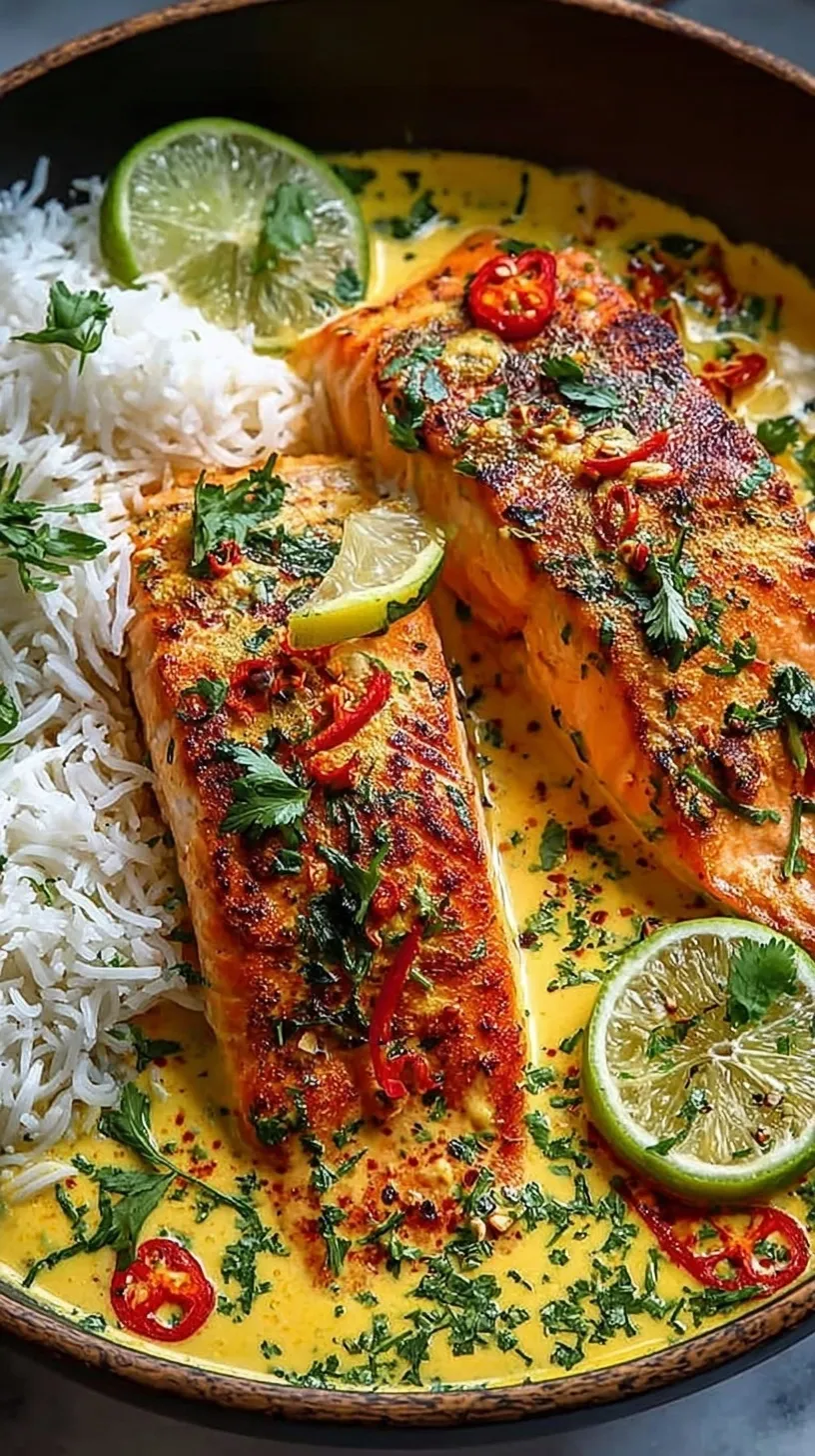 Pan-seared salmon fillets in a creamy red coconut curry sauce with spinach and cilantro