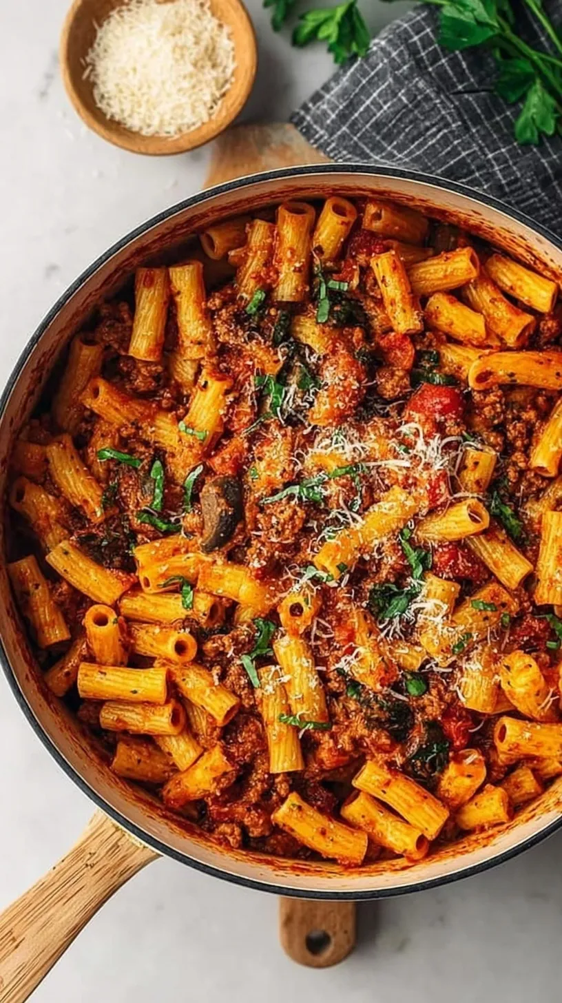 A creamy one pot pasta dish with ground turkey, spinach, and bell peppers in a large pot.