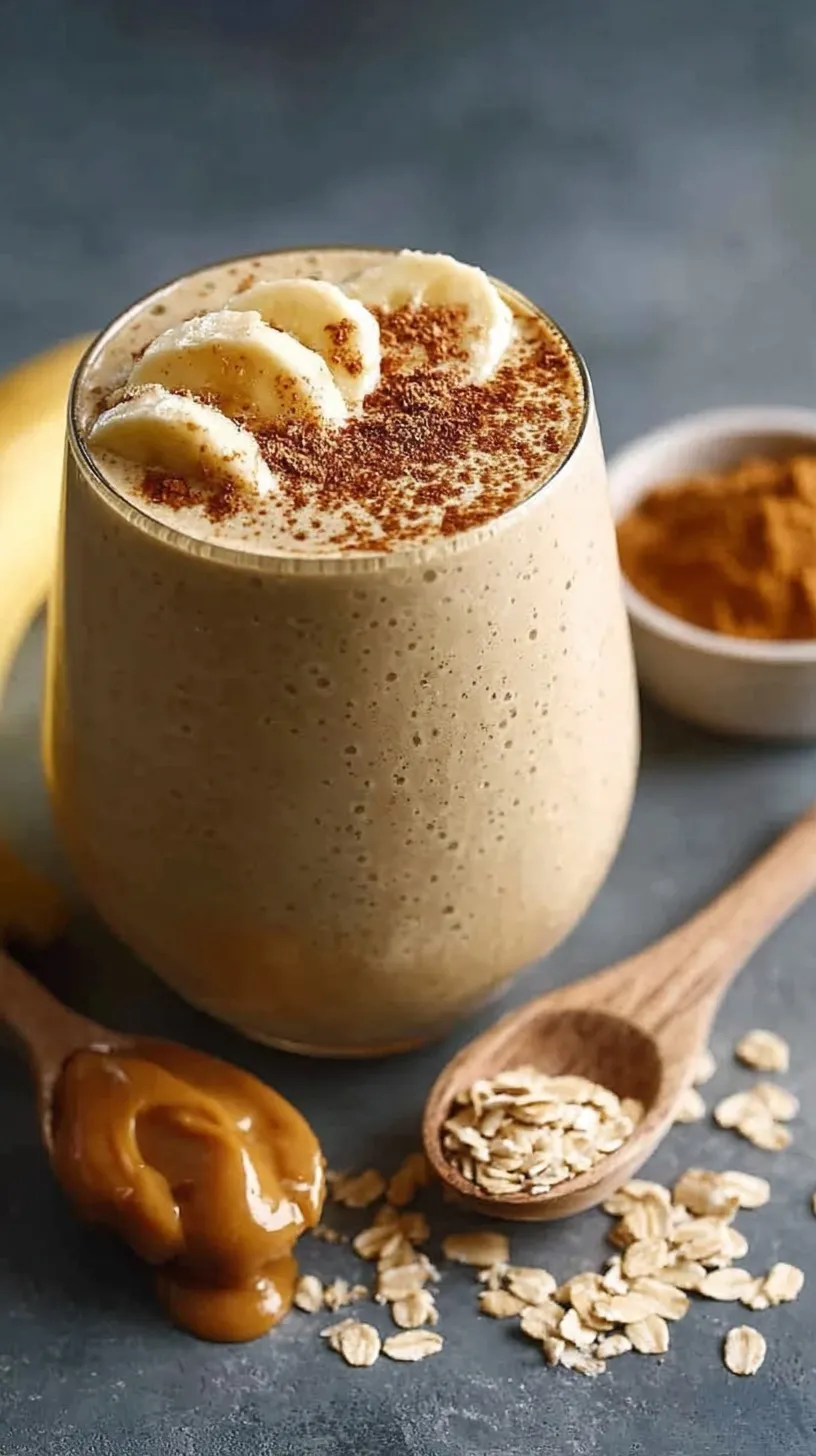 A creamy peanut butter powder smoothie in a tall glass with a straw on a bright kitchen counter.