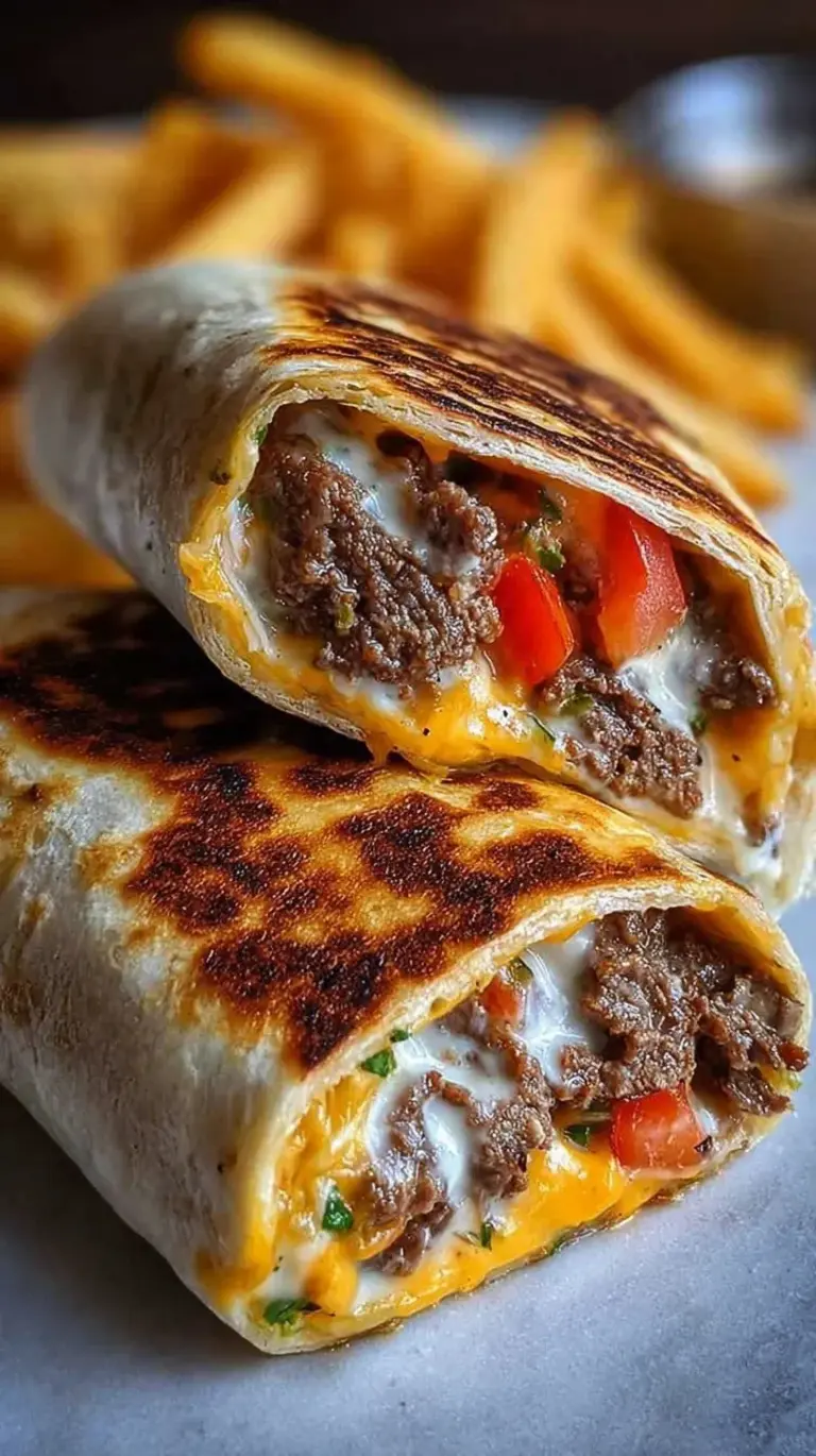 A toasted Philly cheesesteak wrap sliced in half showing melted cheese and steak