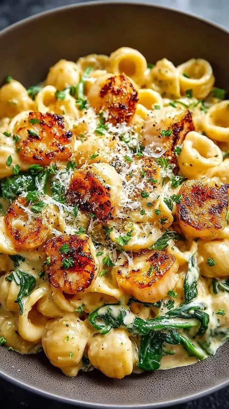 A bowl of creamy chickpea pasta with seared chicken and fresh green spinach