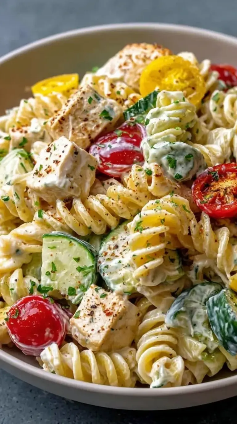 A bright bowl of creamy ranch protein pasta salad with chicken, tomatoes, and cucumbers.