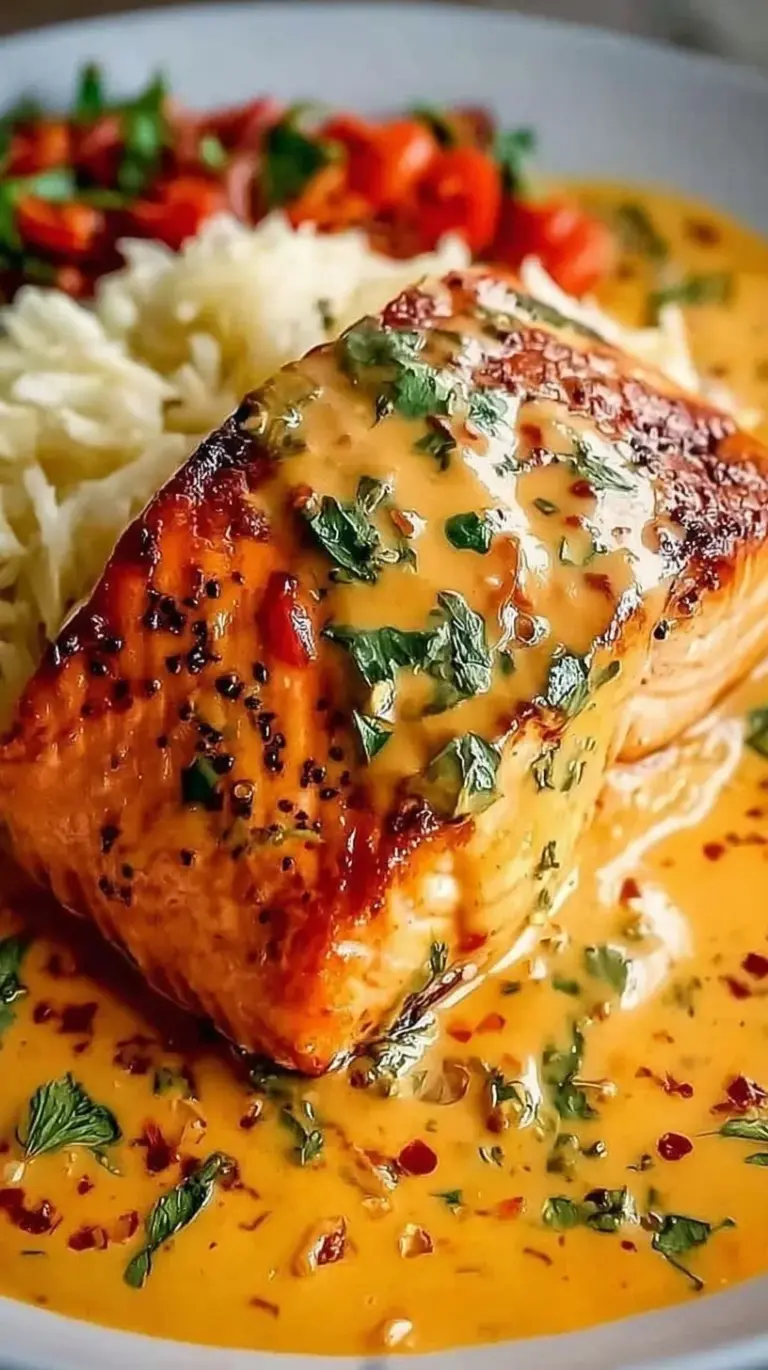 Pan-seared salmon fillets in a vibrant orange creamy roasted red pepper sauce with fresh spinach and basil.