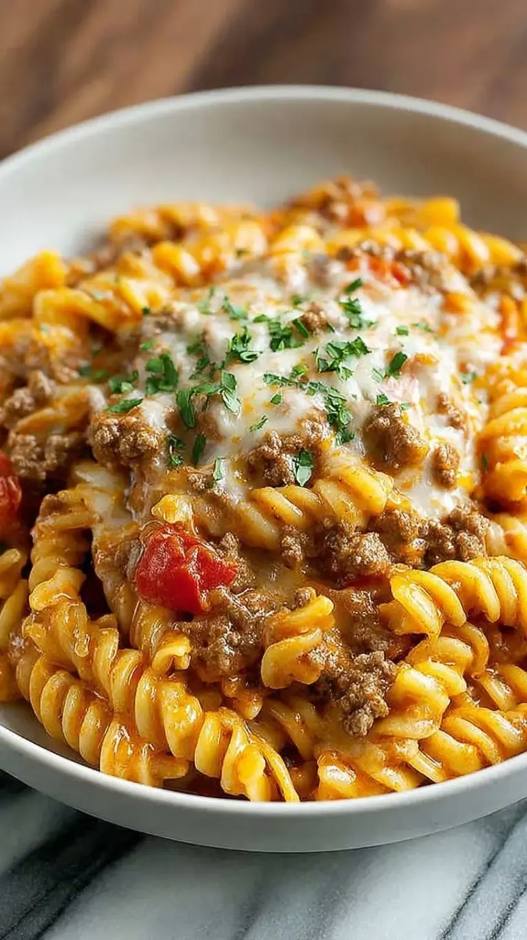 A large skillet filled with creamy Rotel pasta, ground beef, and melted cheddar cheese.