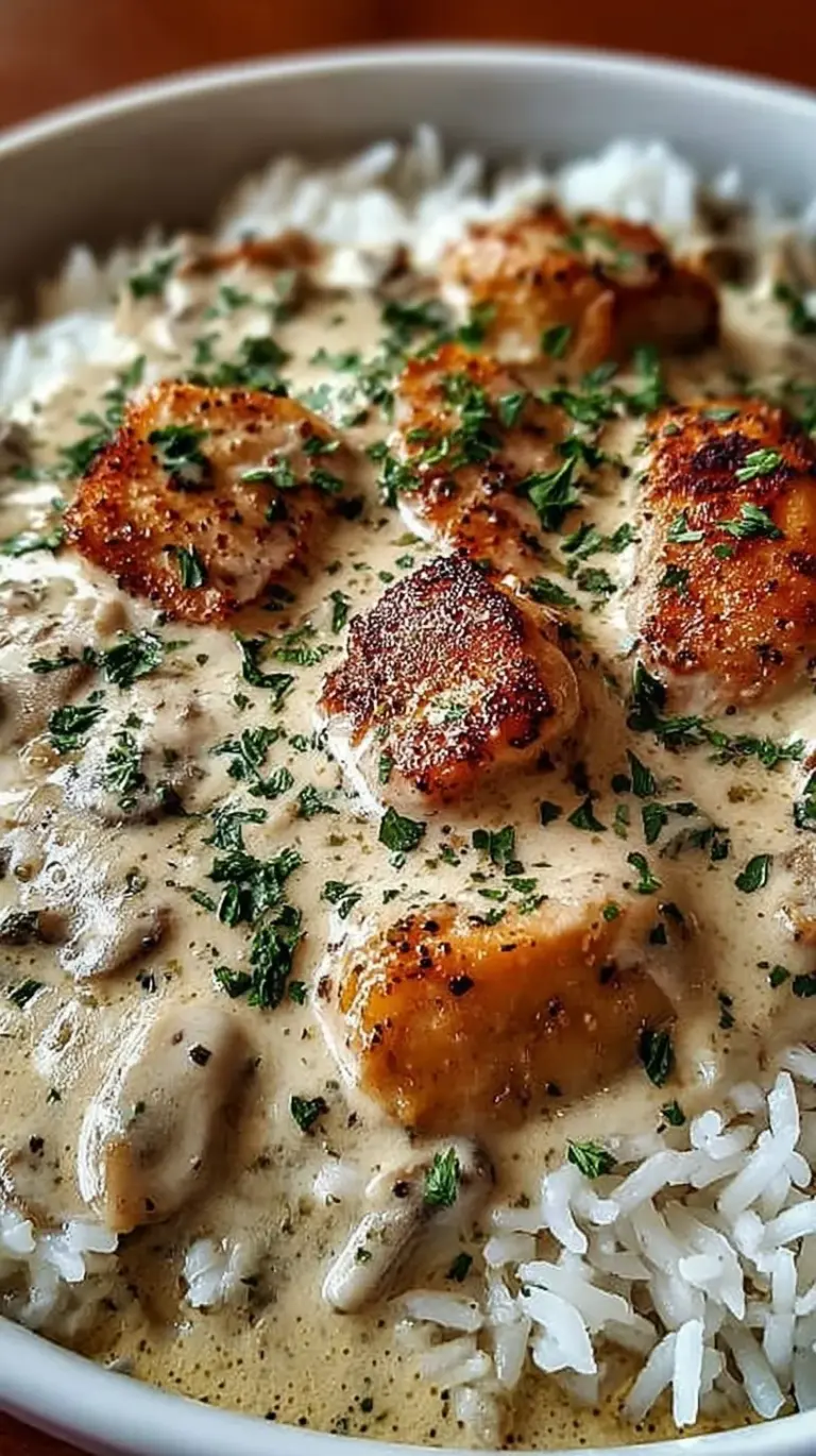 Golden pan-seared chicken thighs smothered in creamy mushroom gravy over a bed of white rice